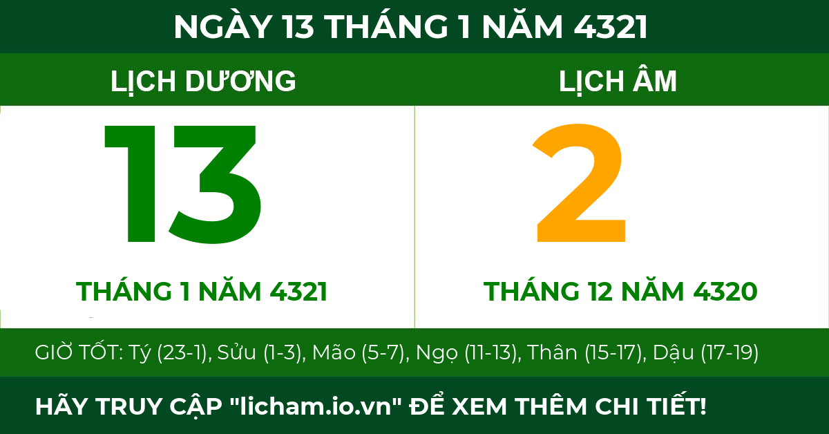 lịch âm ngày 13 tháng 1 năm 4321