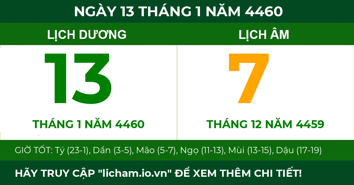 lịch âm ngày 13 tháng 1 năm 4460