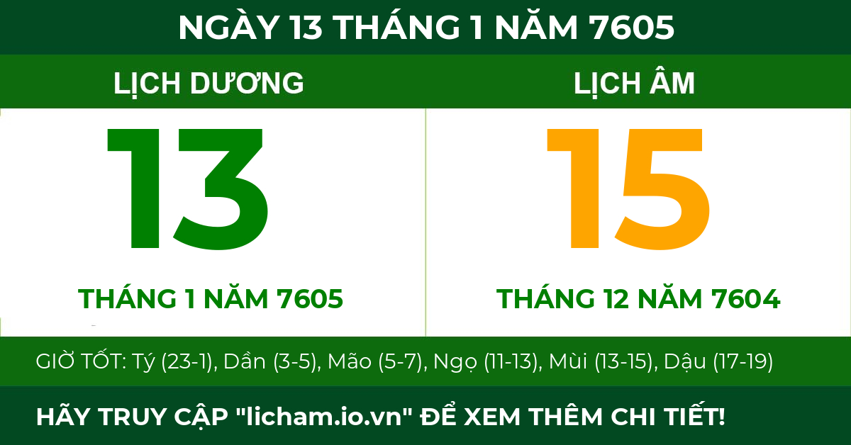 lịch âm ngày 13 tháng 1 năm 7605