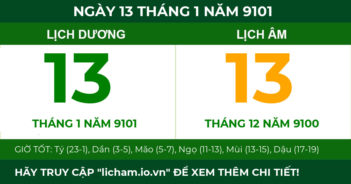 lịch âm ngày 13 tháng 1 năm 9101