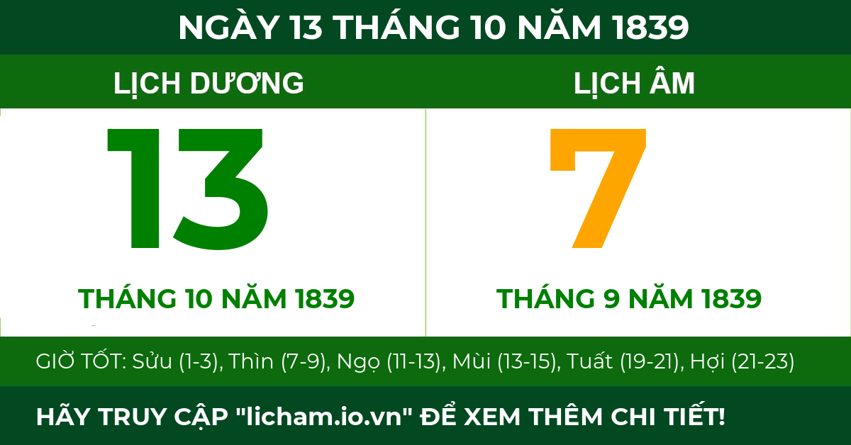 lịch âm ngày 13 tháng 10 năm 1839