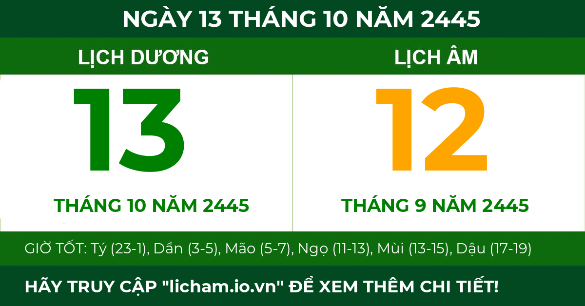 lịch âm ngày 13 tháng 10 năm 2445