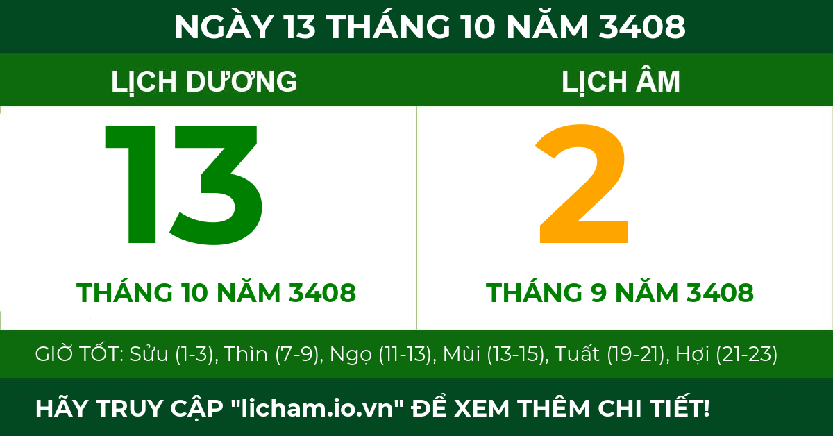 lịch âm ngày 13 tháng 10 năm 3408
