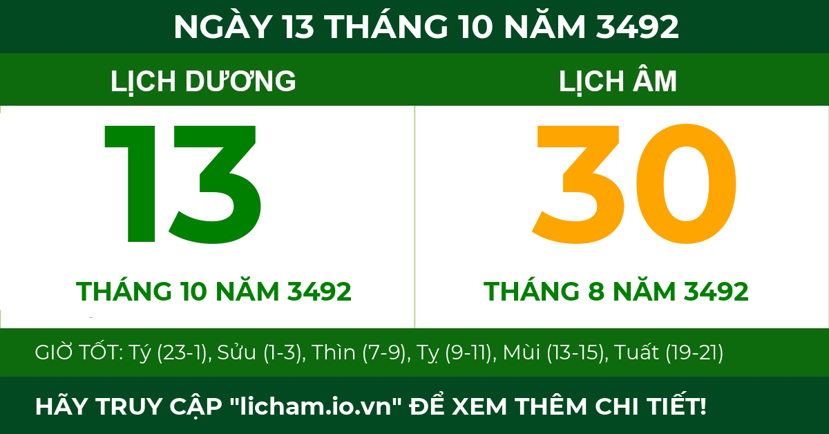 lịch âm ngày 13 tháng 10 năm 3492