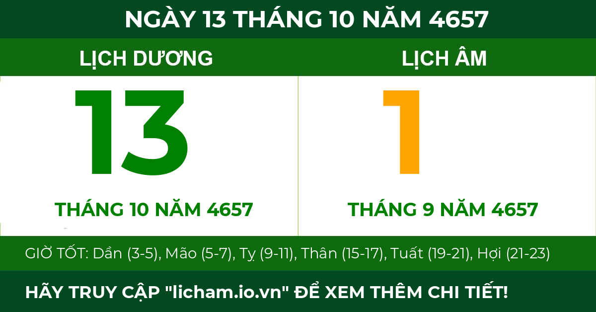 lịch âm ngày 13 tháng 10 năm 4657