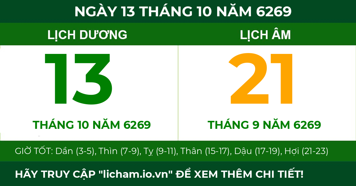 lịch âm ngày 13 tháng 10 năm 6269