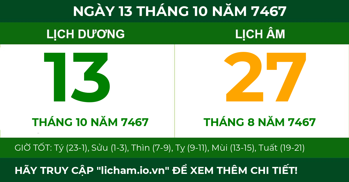 lịch âm ngày 13 tháng 10 năm 7467