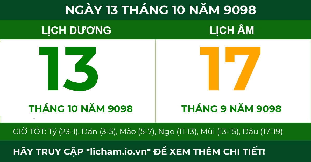 lịch âm ngày 13 tháng 10 năm 9098