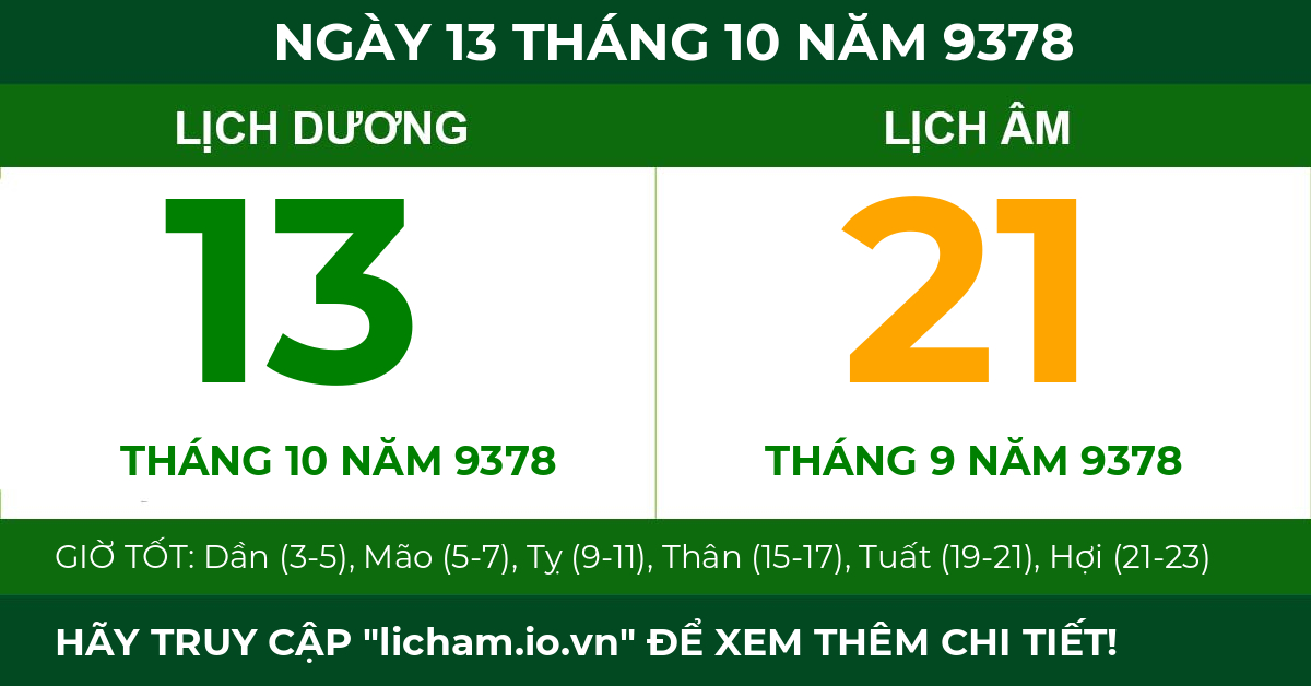 lịch âm ngày 13 tháng 10 năm 9378