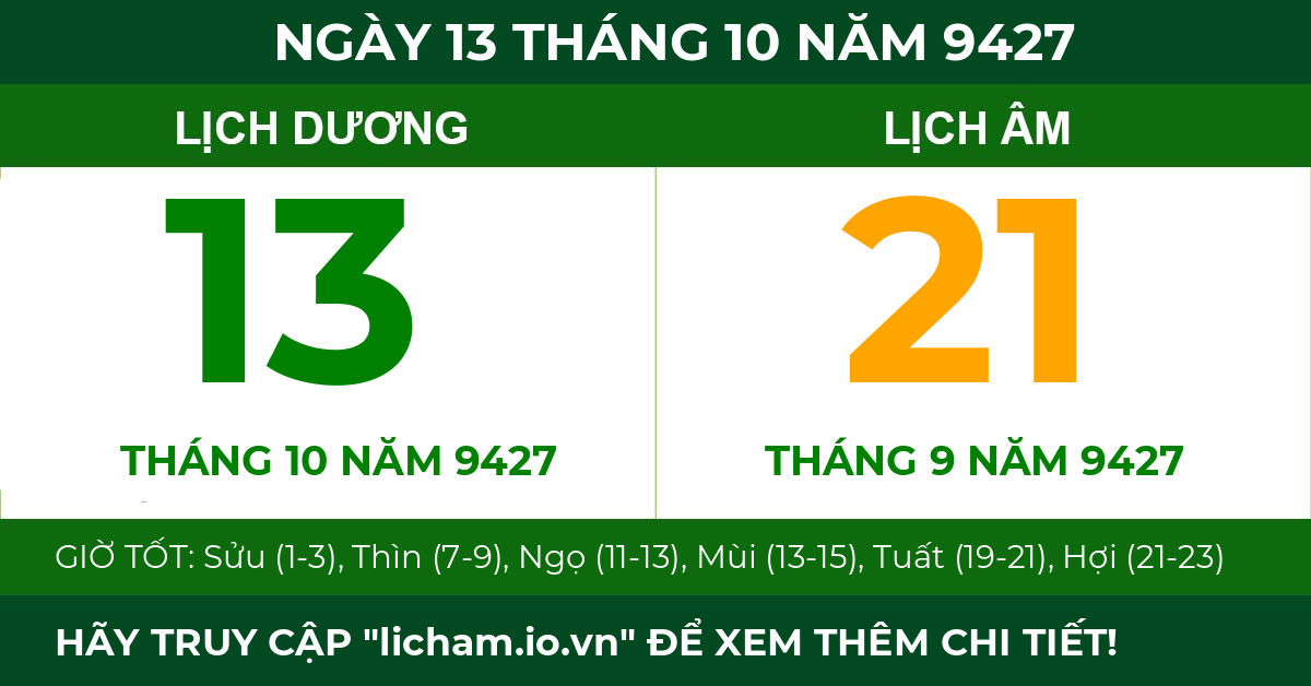 lịch âm ngày 13 tháng 10 năm 9427