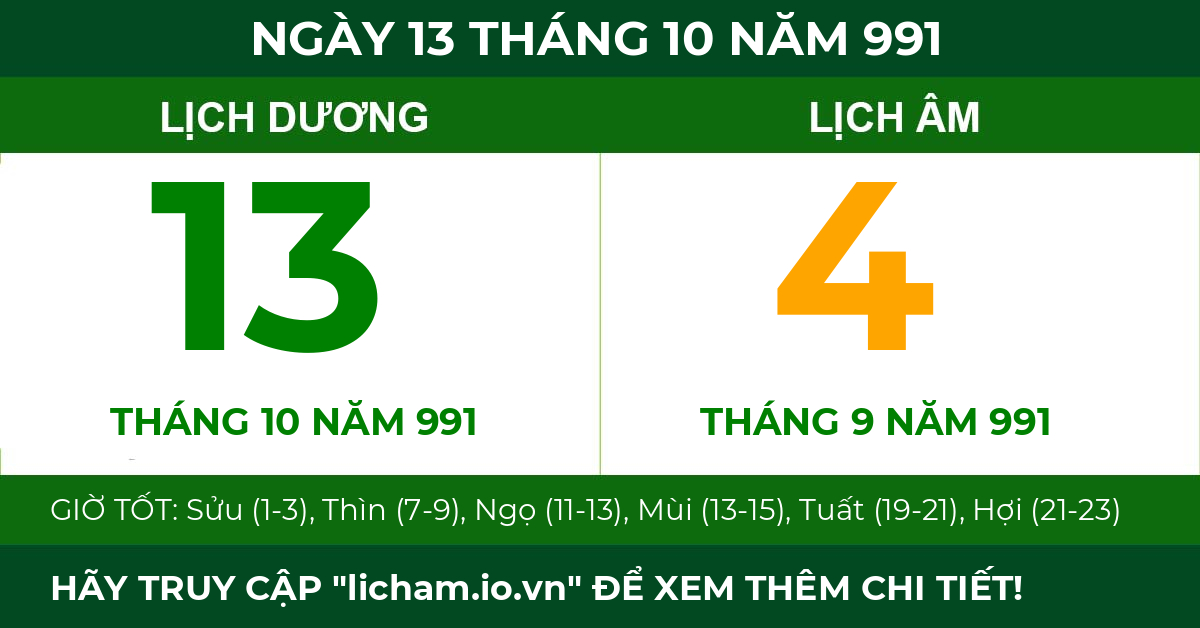 lịch âm ngày 13 tháng 10 năm 991
