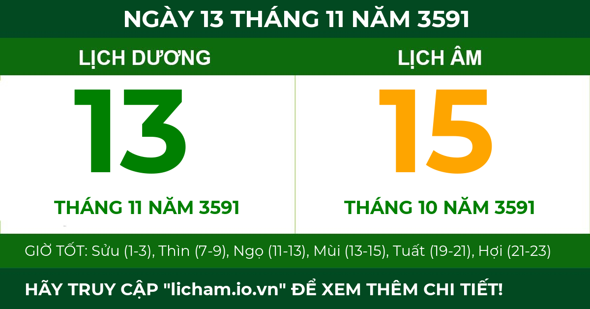 lịch âm ngày 13 tháng 11 năm 3591