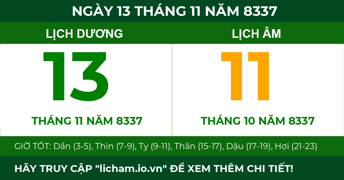 lịch âm ngày 13 tháng 11 năm 8337