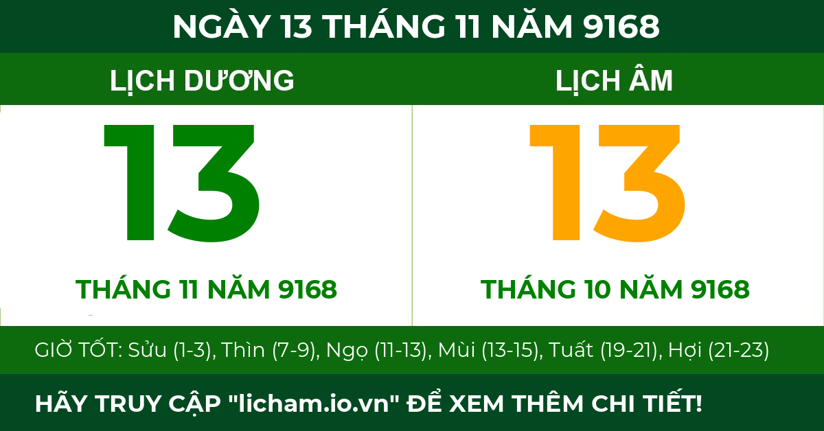 lịch âm ngày 13 tháng 11 năm 9168