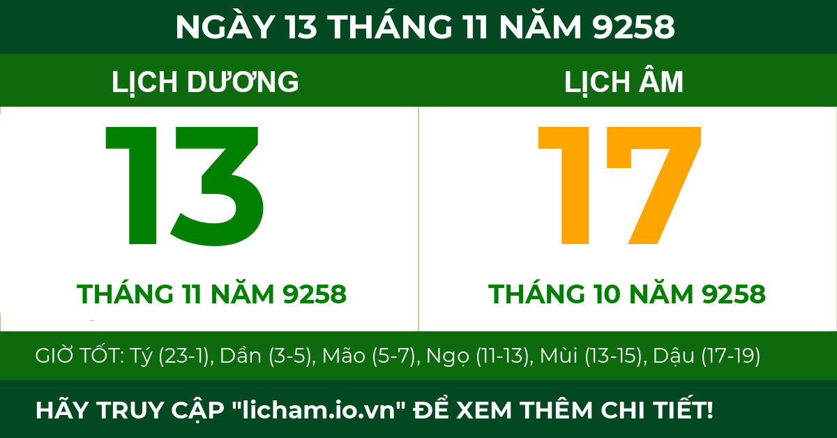 lịch âm ngày 13 tháng 11 năm 9258