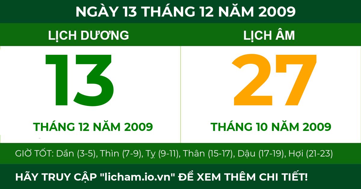lịch âm ngày 13 tháng 12 năm 2009