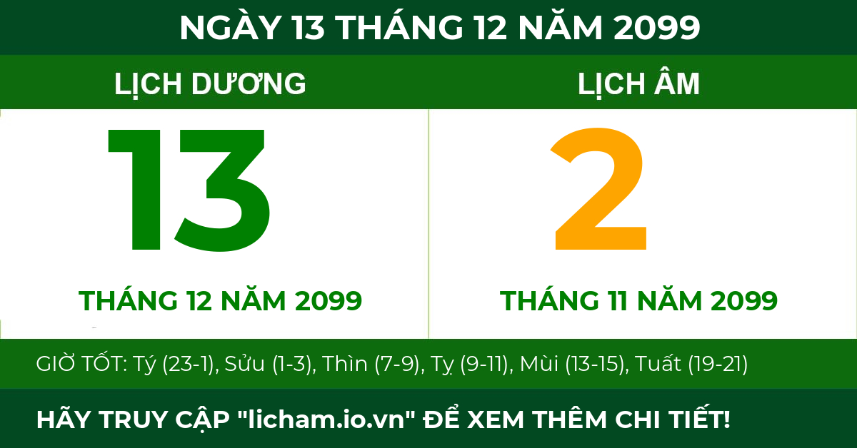 lịch âm ngày 13 tháng 12 năm 2099