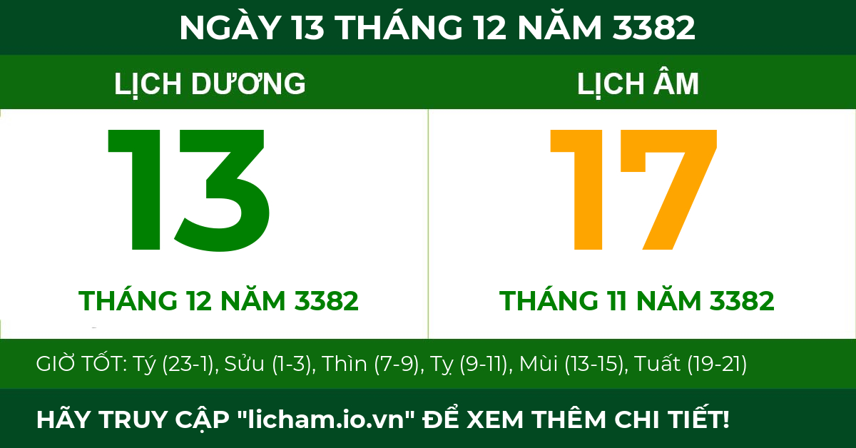 lịch âm ngày 13 tháng 12 năm 3382
