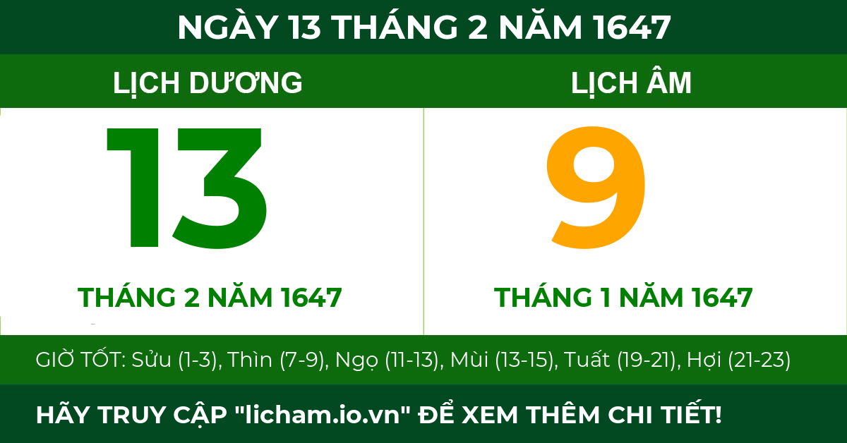 lịch âm ngày 13 tháng 2 năm 1647