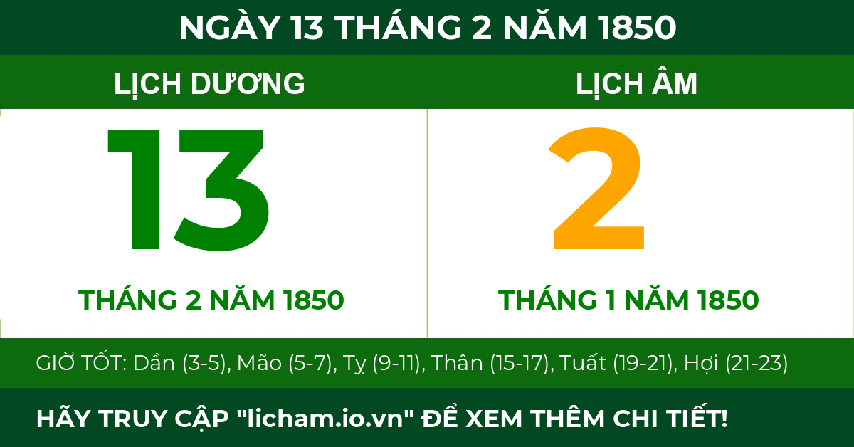 lịch âm ngày 13 tháng 2 năm 1850