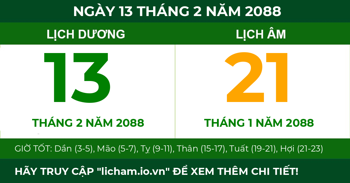 lịch âm ngày 13 tháng 2 năm 2088