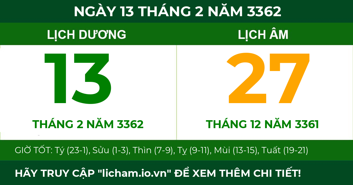 lịch âm ngày 13 tháng 2 năm 3362