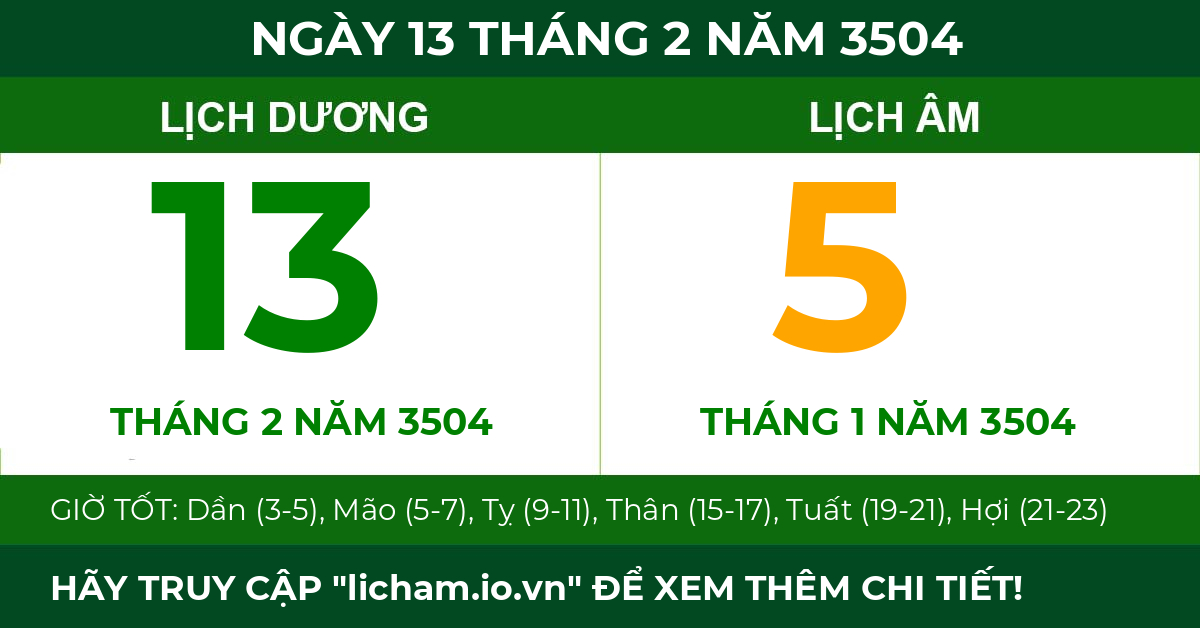 lịch âm ngày 13 tháng 2 năm 3504