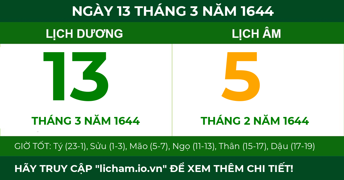 lịch âm ngày 13 tháng 3 năm 1644