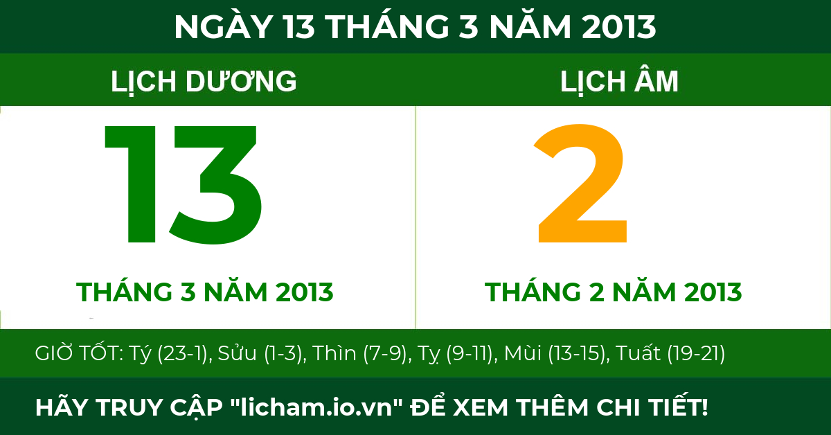 lịch âm ngày 13 tháng 3 năm 2013