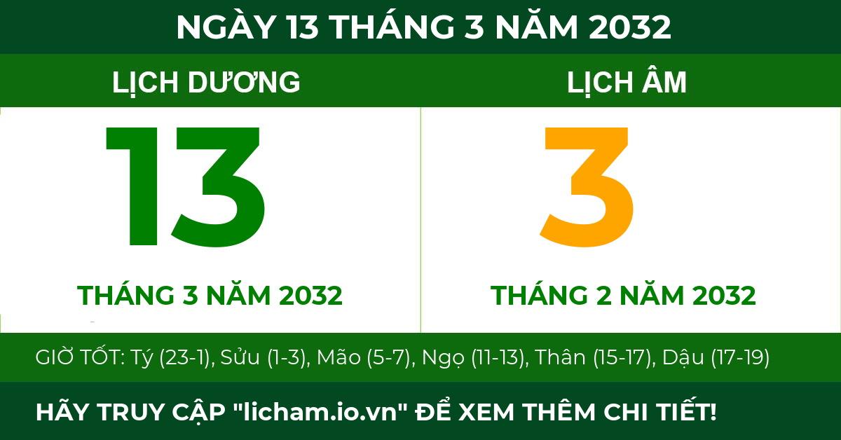lịch âm ngày 13 tháng 3 năm 2032