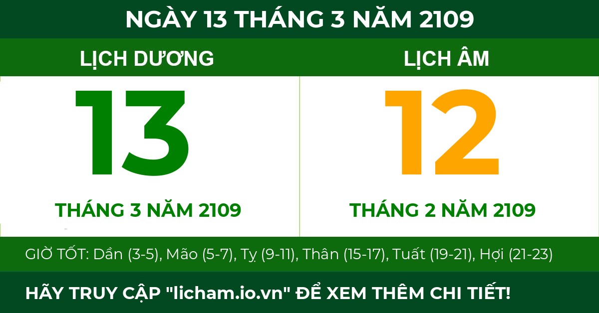 lịch âm ngày 13 tháng 3 năm 2109