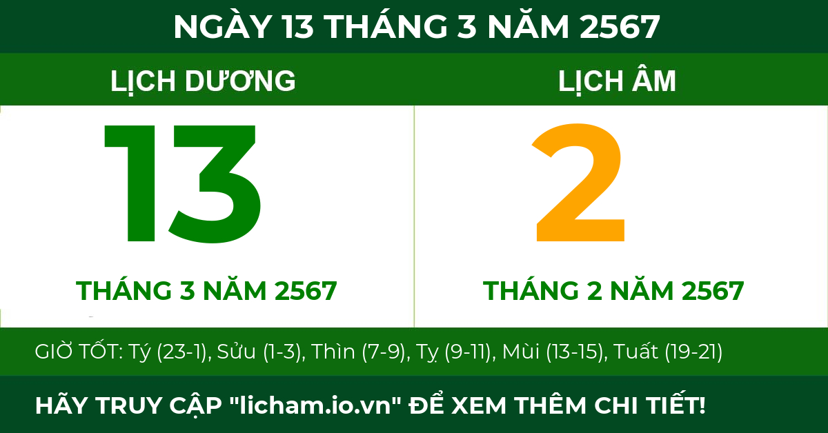 lịch âm ngày 13 tháng 3 năm 2567