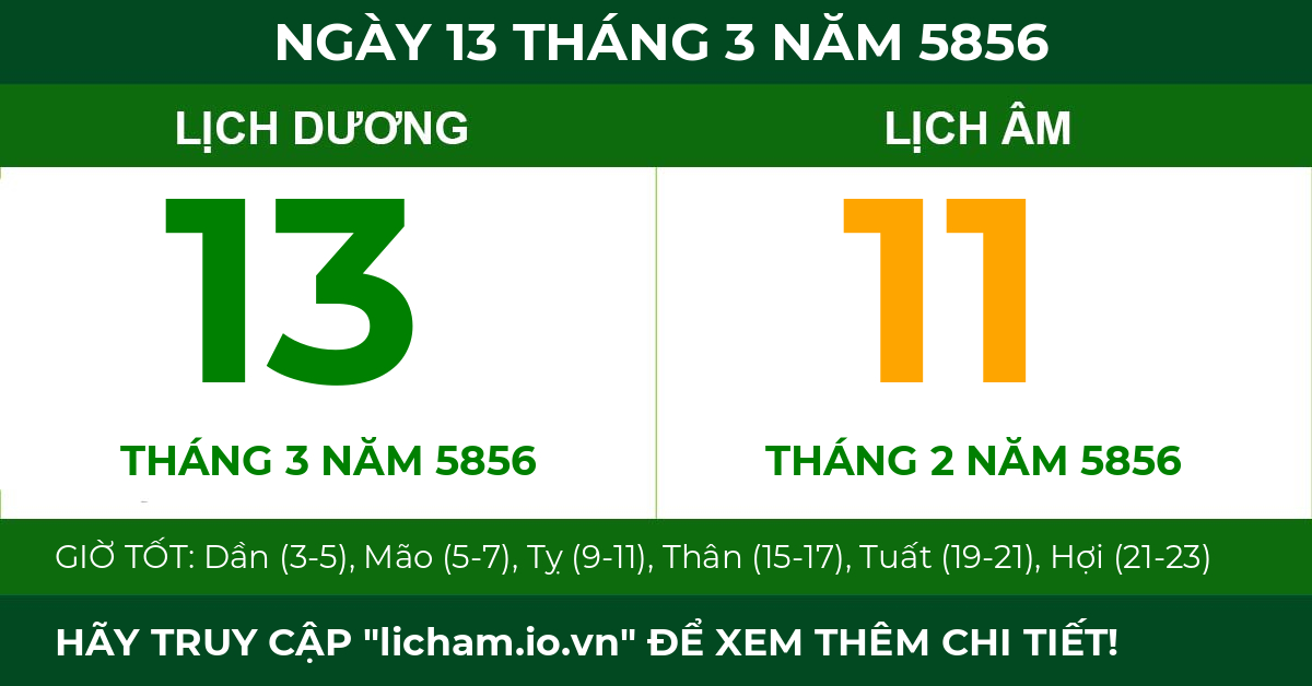 lịch âm ngày 13 tháng 3 năm 5856