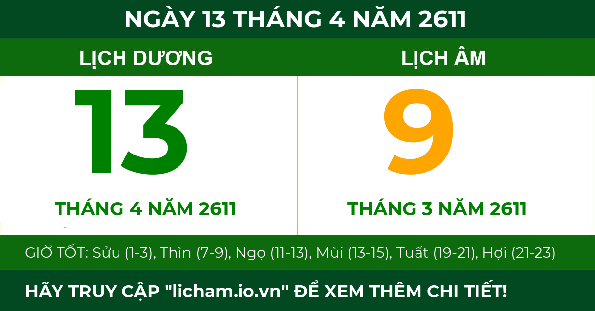 lịch âm ngày 13 tháng 4 năm 2611