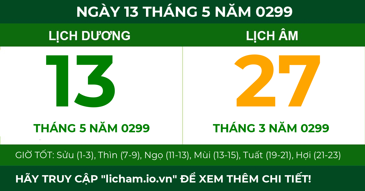 lịch âm ngày 13 tháng 5 năm 0299