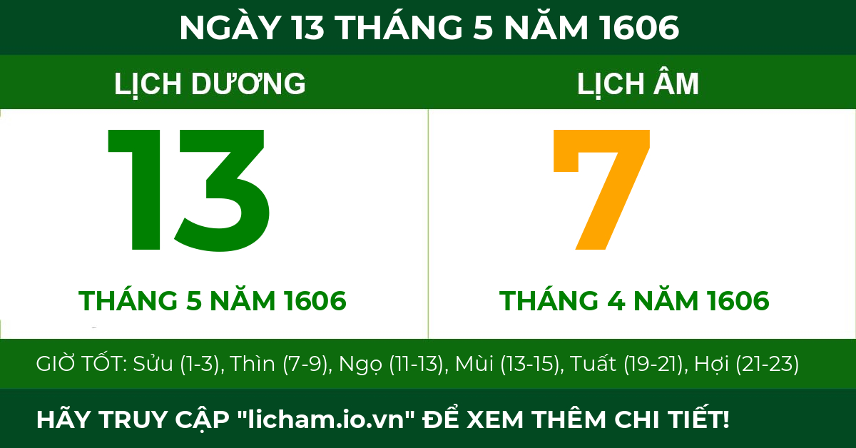 lịch âm ngày 13 tháng 5 năm 1606