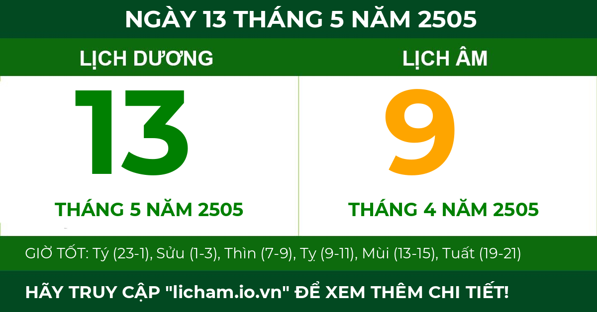 lịch âm ngày 13 tháng 5 năm 2505