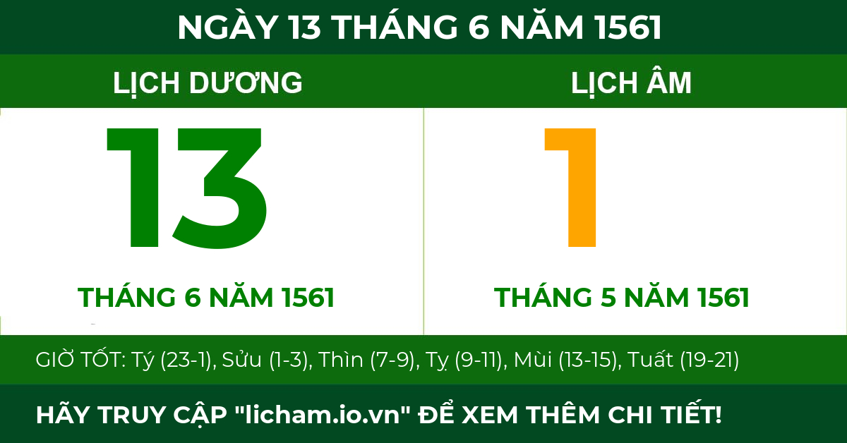 lịch âm ngày 13 tháng 6 năm 1561