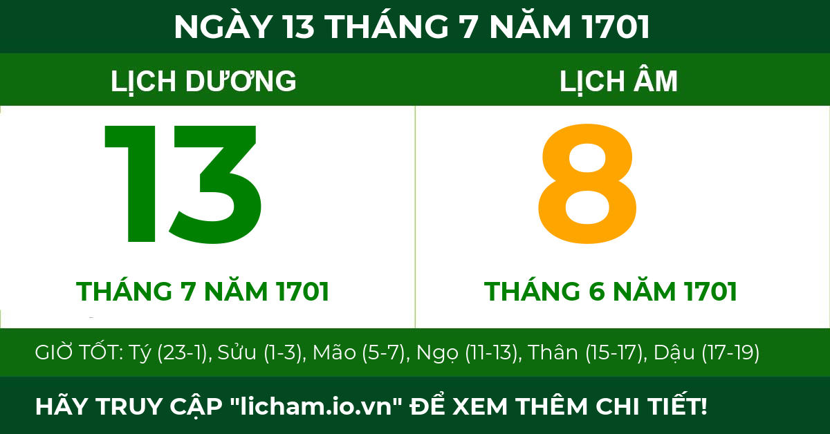 lịch âm ngày 13 tháng 7 năm 1701