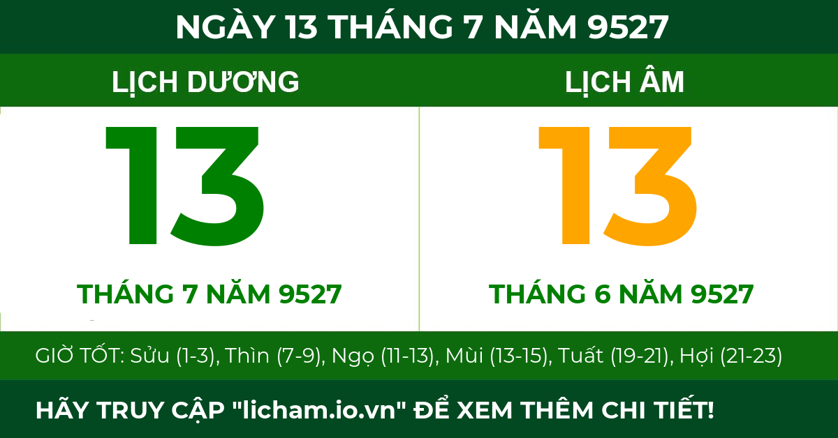 lịch âm ngày 13 tháng 7 năm 9527