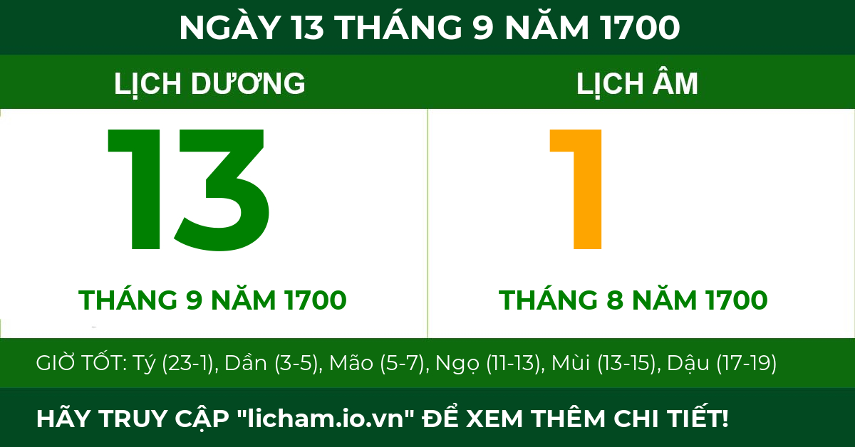 lịch âm ngày 13 tháng 9 năm 1700