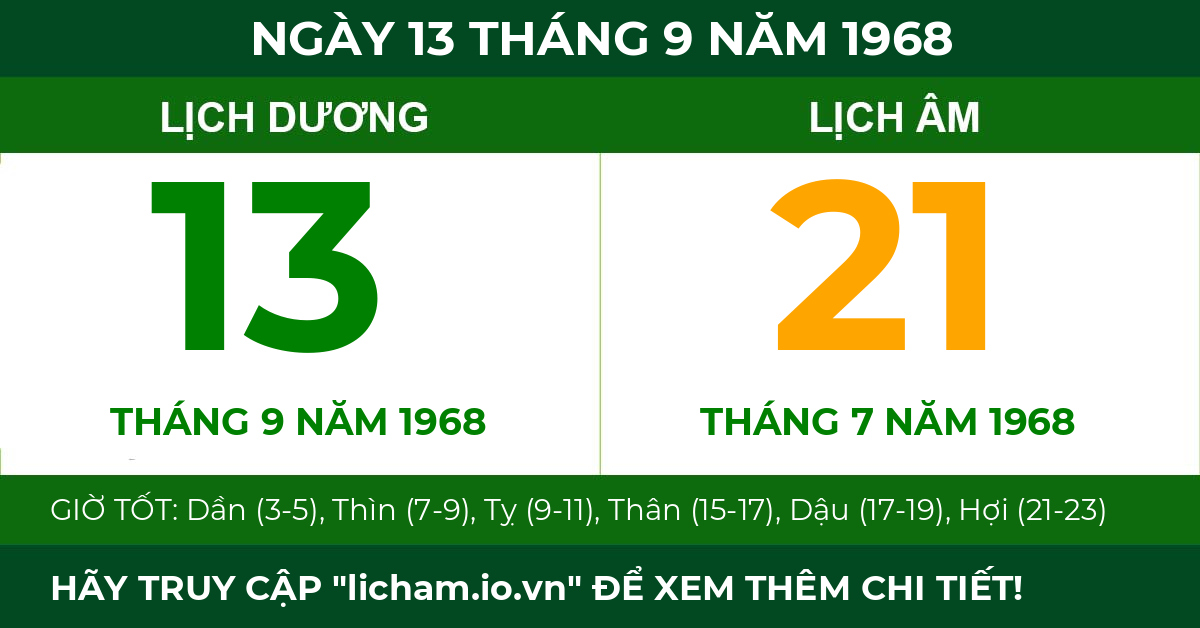 lịch âm ngày 13 tháng 9 năm 1968