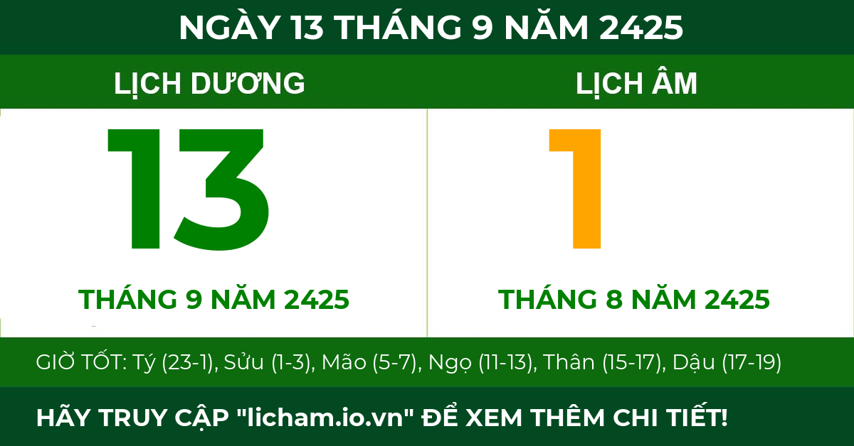 lịch âm ngày 13 tháng 9 năm 2425