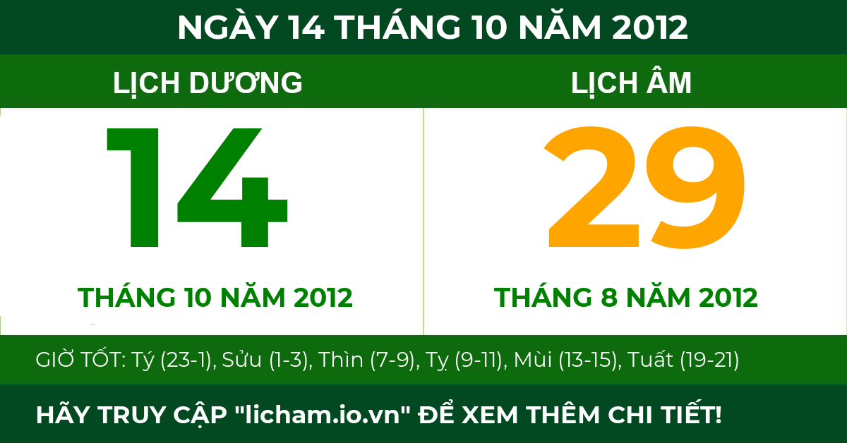 lịch âm ngày 14 tháng 10 năm 2012