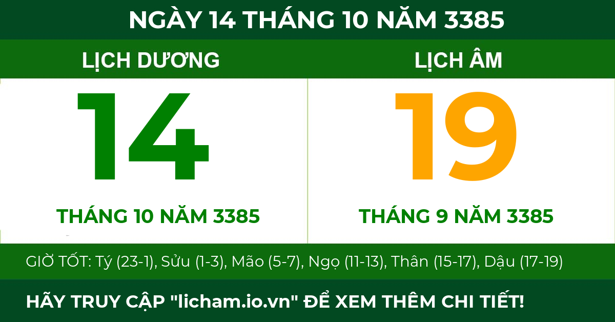 lịch âm ngày 14 tháng 10 năm 3385
