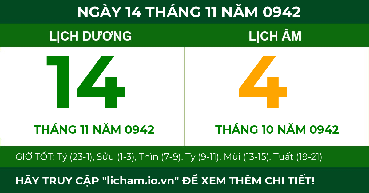 lịch âm ngày 14 tháng 11 năm 0942
