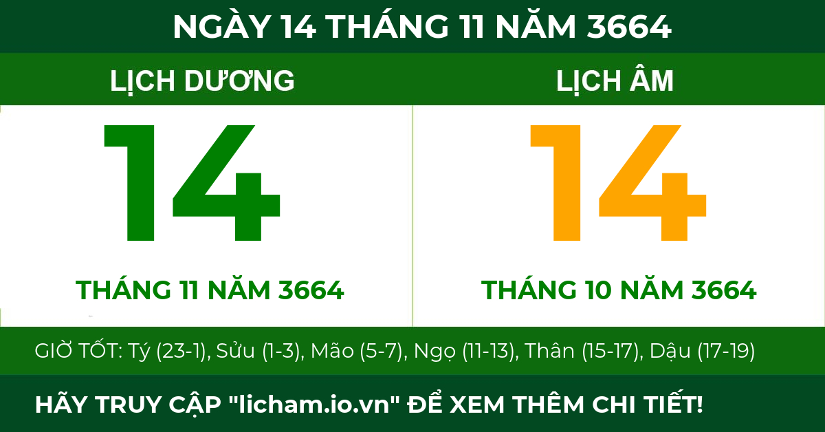 lịch âm ngày 14 tháng 11 năm 3664