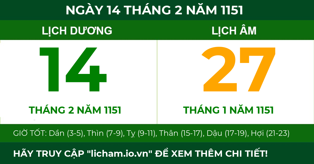 lịch âm ngày 14 tháng 2 năm 1151