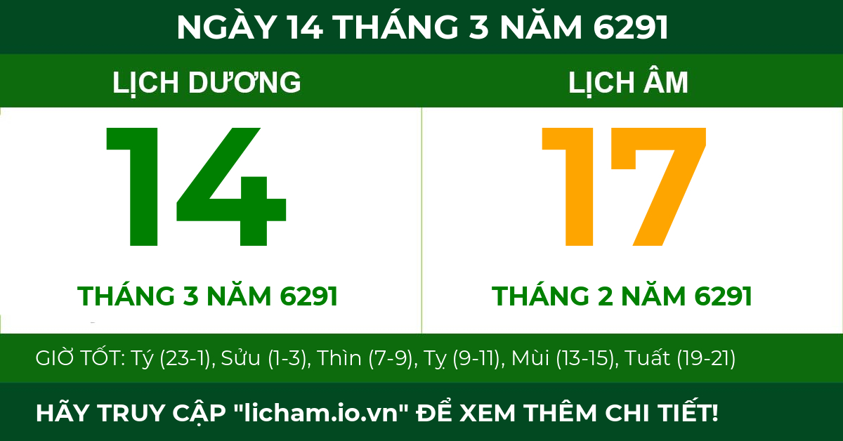 lịch âm ngày 14 tháng 3 năm 6291