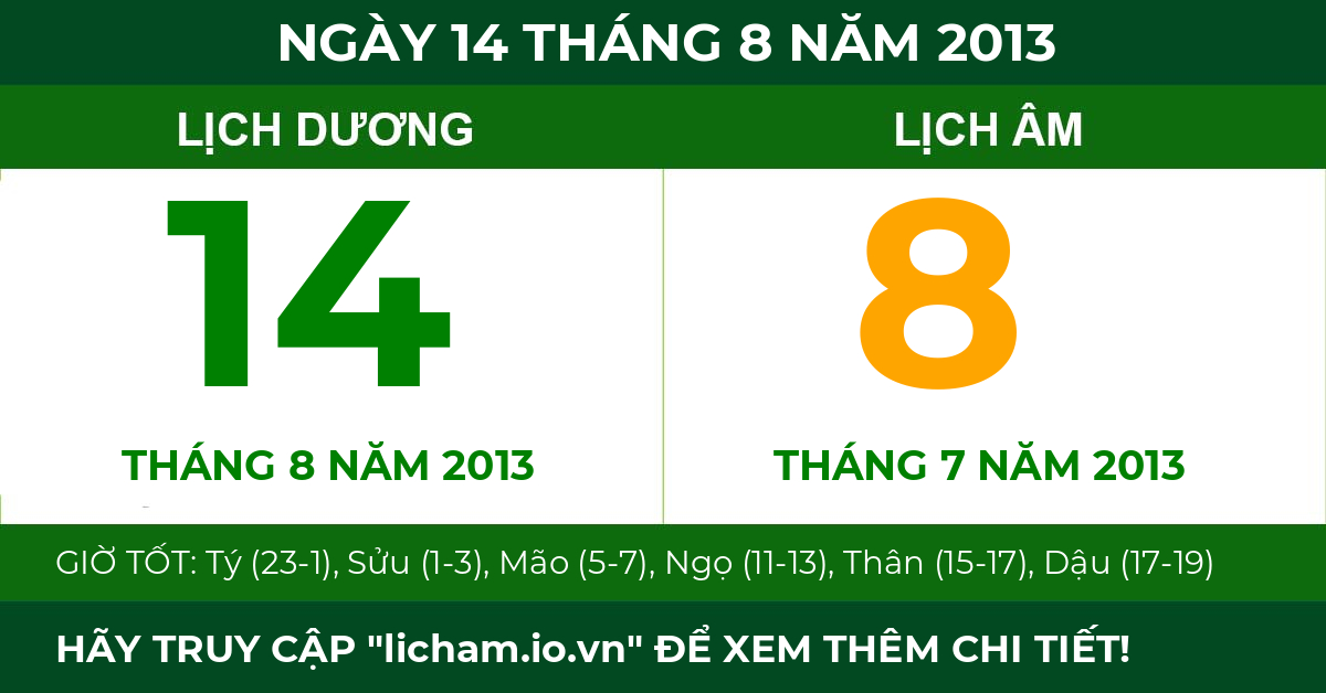 lịch âm ngày 14 tháng 8 năm 2013
